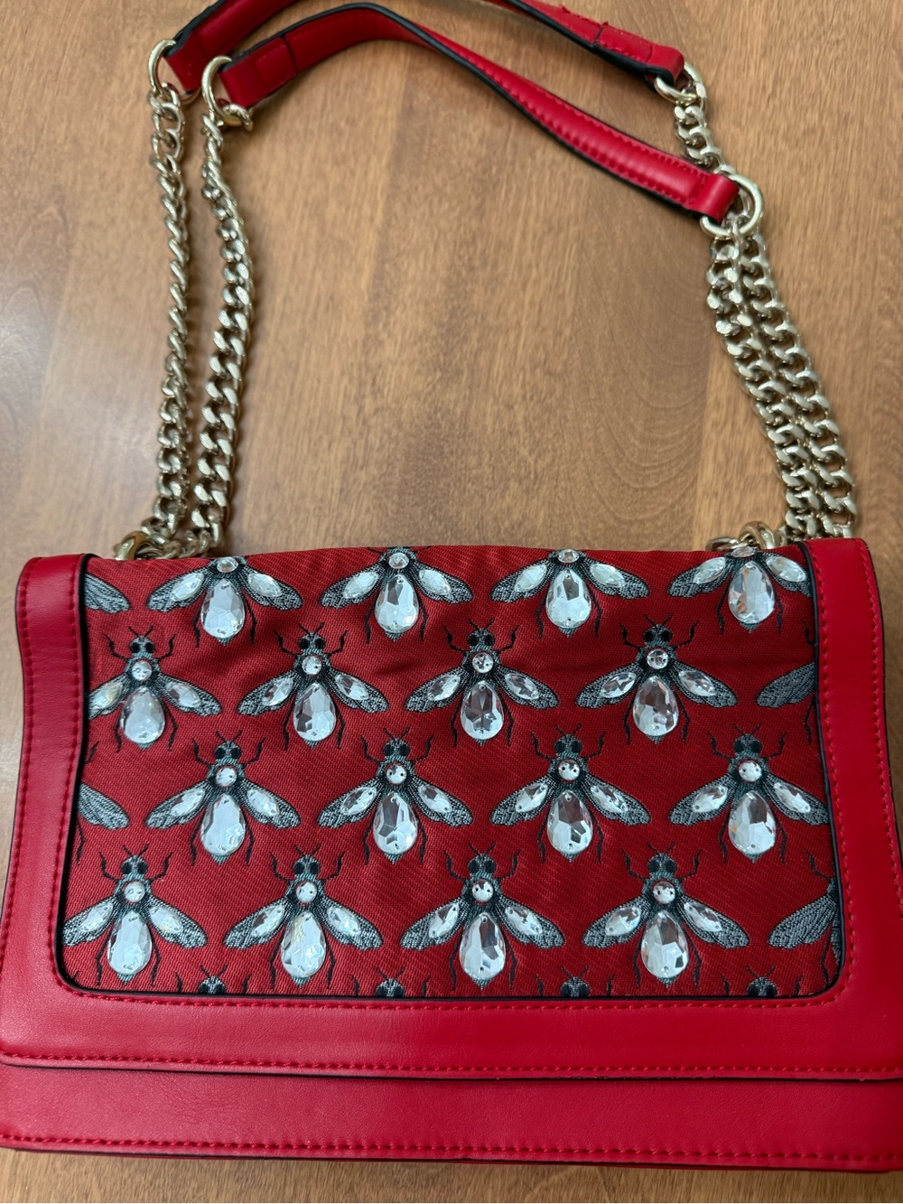 Nine West Red Bee Embellished Chain Strap Satchel